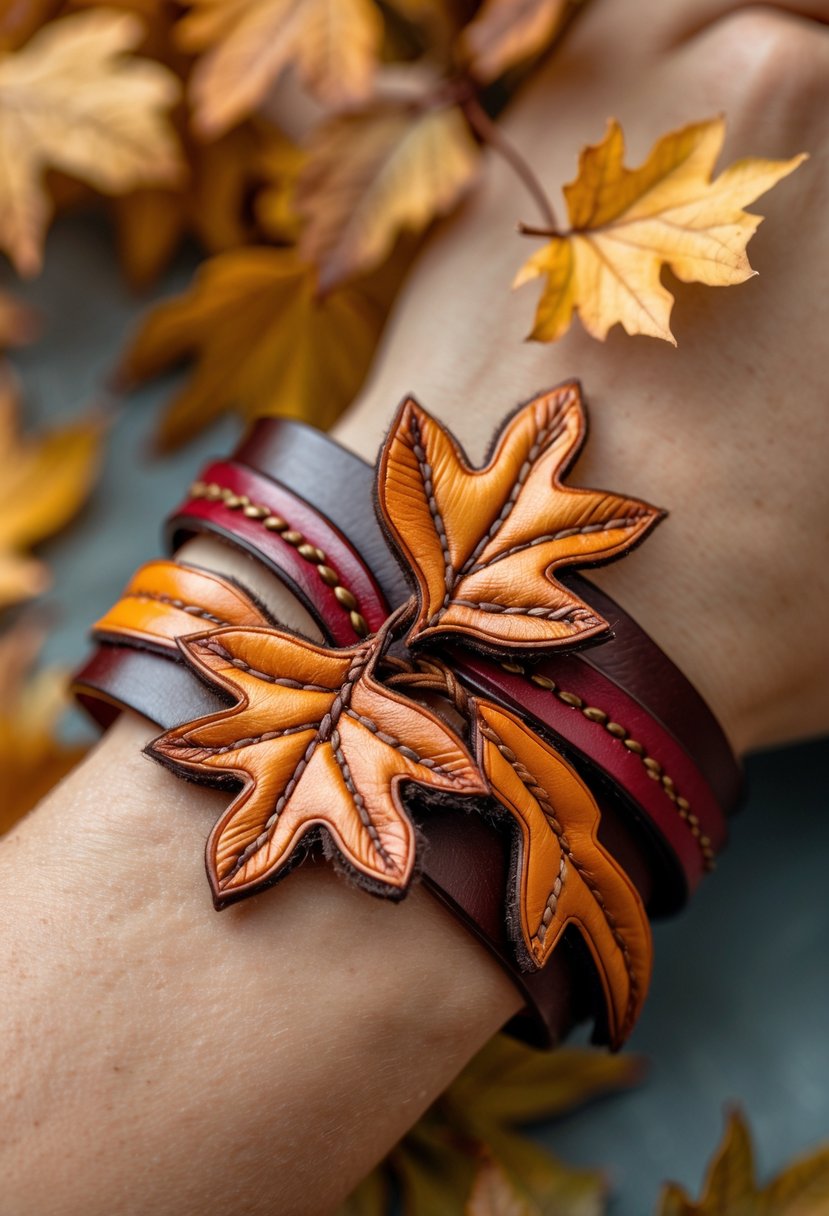 Handmade Autumn Jewelry Designs: 24 Unique Styles for Seasonal Elegance 22 Close-up of a hand-stitched leather bracelet shaped like autumn leaves worn on a wrist with fall foliage in the background.