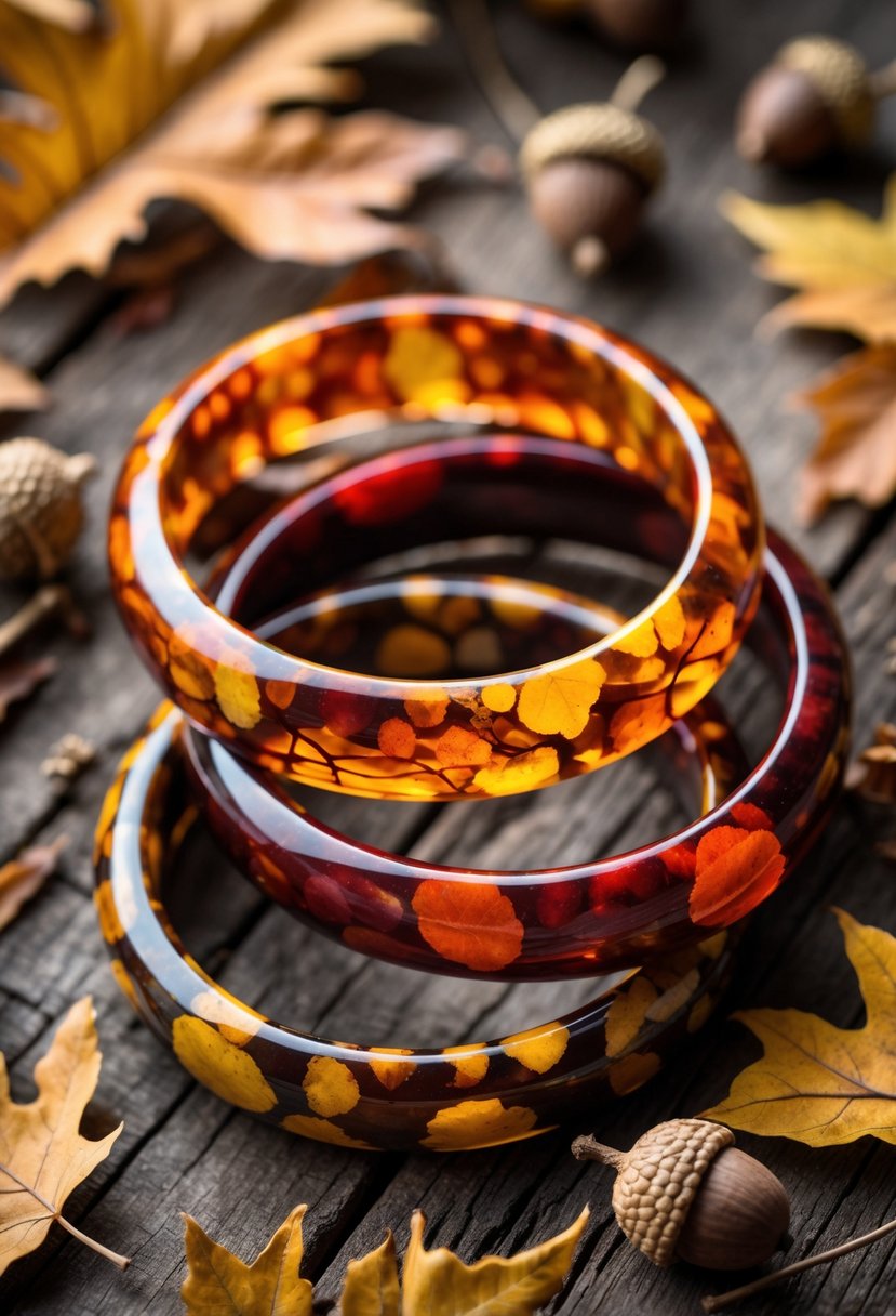Handmade Autumn Jewelry Designs: 24 Unique Styles for Seasonal Elegance 23 Close-up of colorful resin bangles in autumn colors arranged on a wooden surface with dried leaves and acorns.