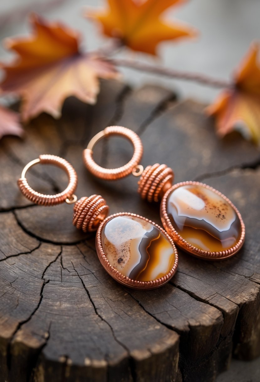 Handmade Autumn Jewelry Designs: 24 Unique Styles for Seasonal Elegance 24 Close-up of handmade copper and agate earrings placed on a wooden surface with autumn leaves in the background.