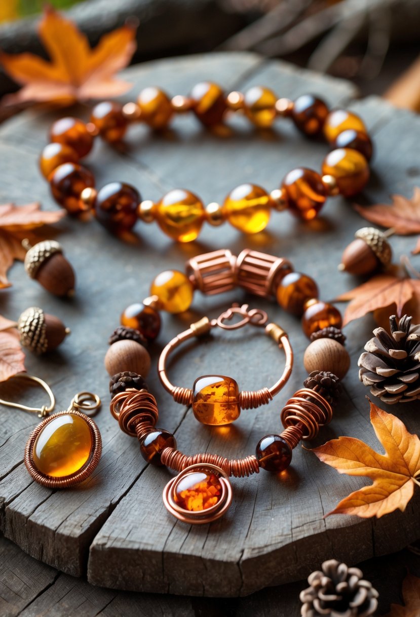 Handmade Autumn Jewelry Designs: 24 Unique Styles for Seasonal Elegance 27 A collection of handmade autumn jewelry including necklaces, bracelets, and earrings displayed with dried leaves and acorns on a wooden surface.
