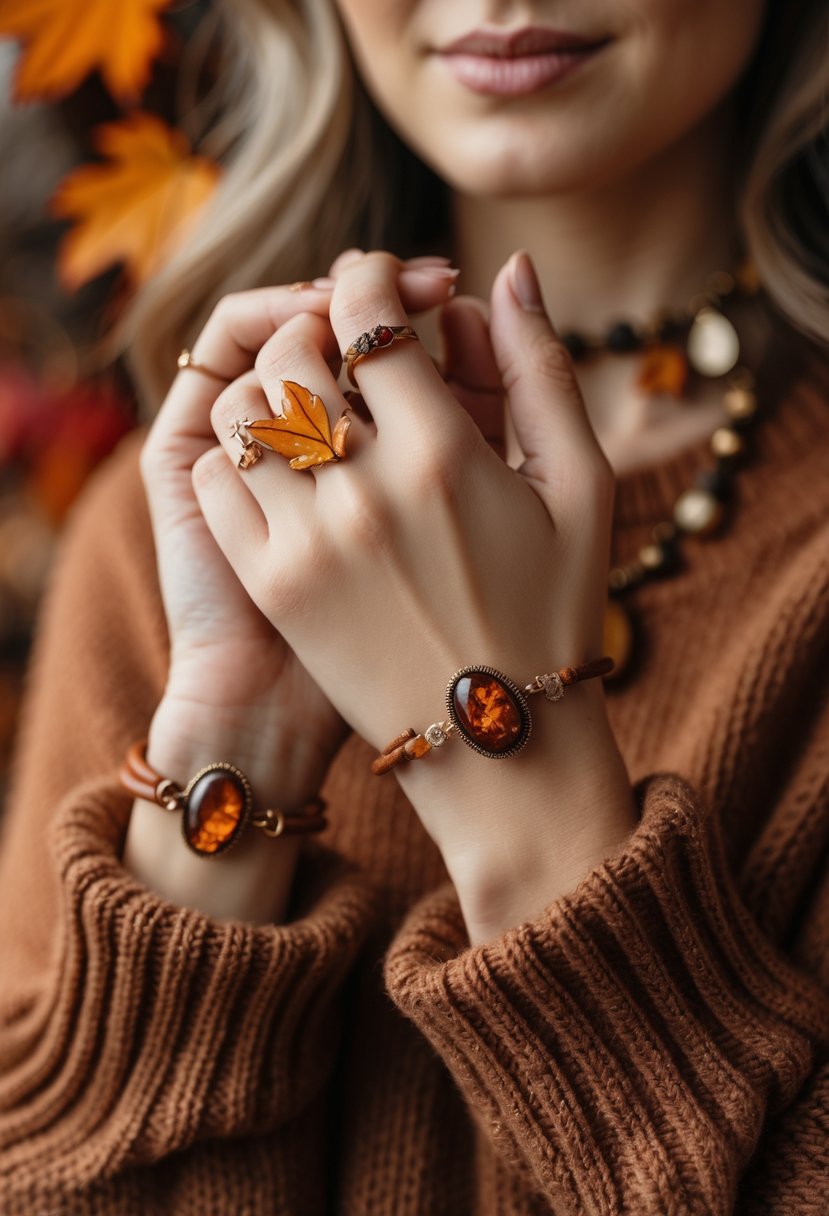 Handmade Autumn Jewelry Designs: 24 Unique Styles for Seasonal Elegance 28 Close-up of a woman's hands and wrists wearing autumn-themed handmade jewelry with warm fall colors and a cozy sweater.