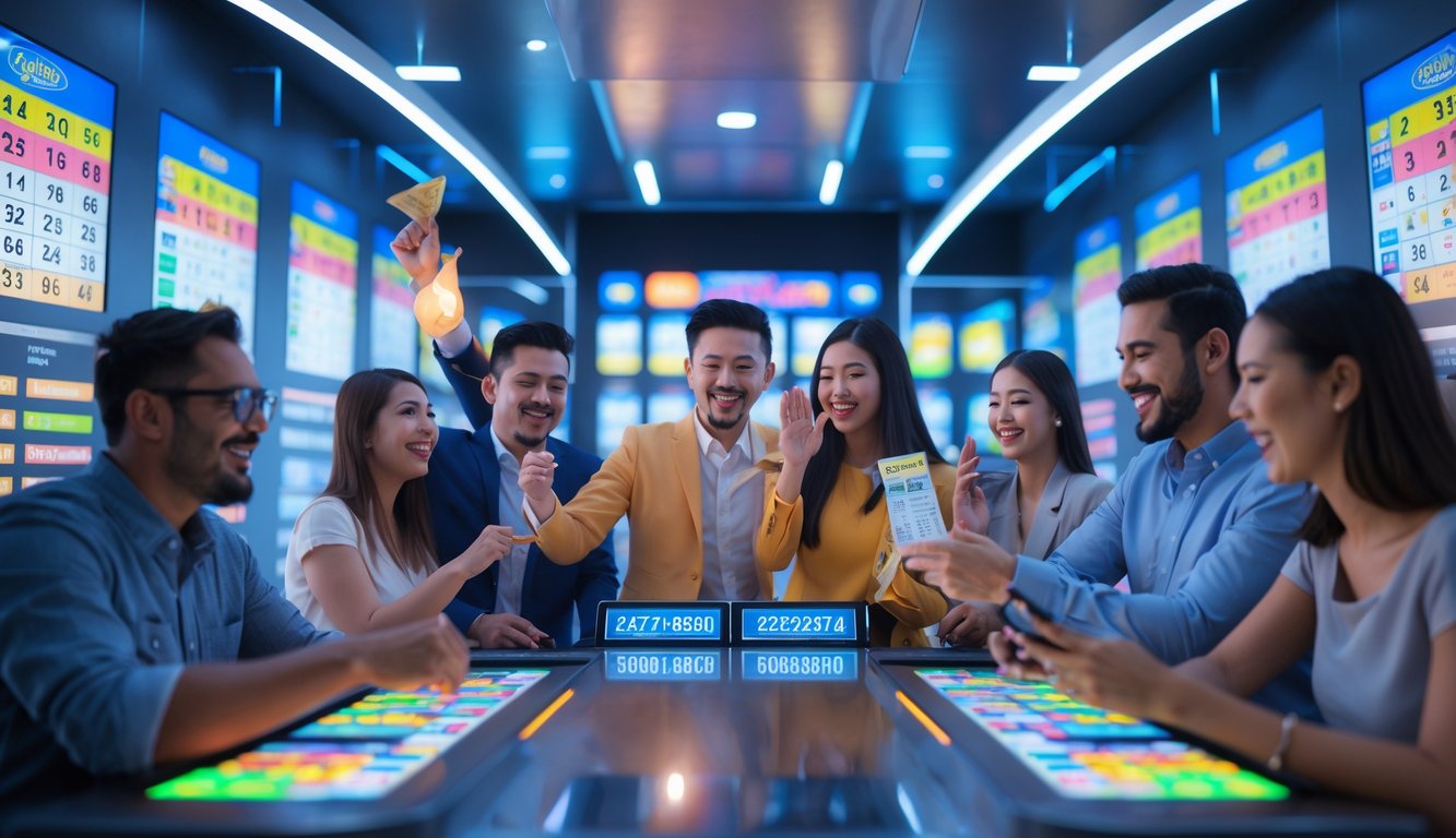 Orang-orang berkumpul di ruangan modern dengan layar digital menampilkan angka lotre, beberapa merayakan kemenangan dengan ekspresi bahagia.