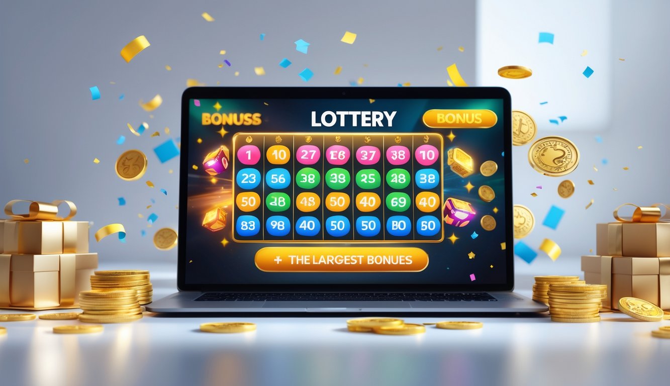 Sebuah laptop atau ponsel menampilkan antarmuka lotere digital dengan koin emas dan kotak hadiah di sekitarnya.