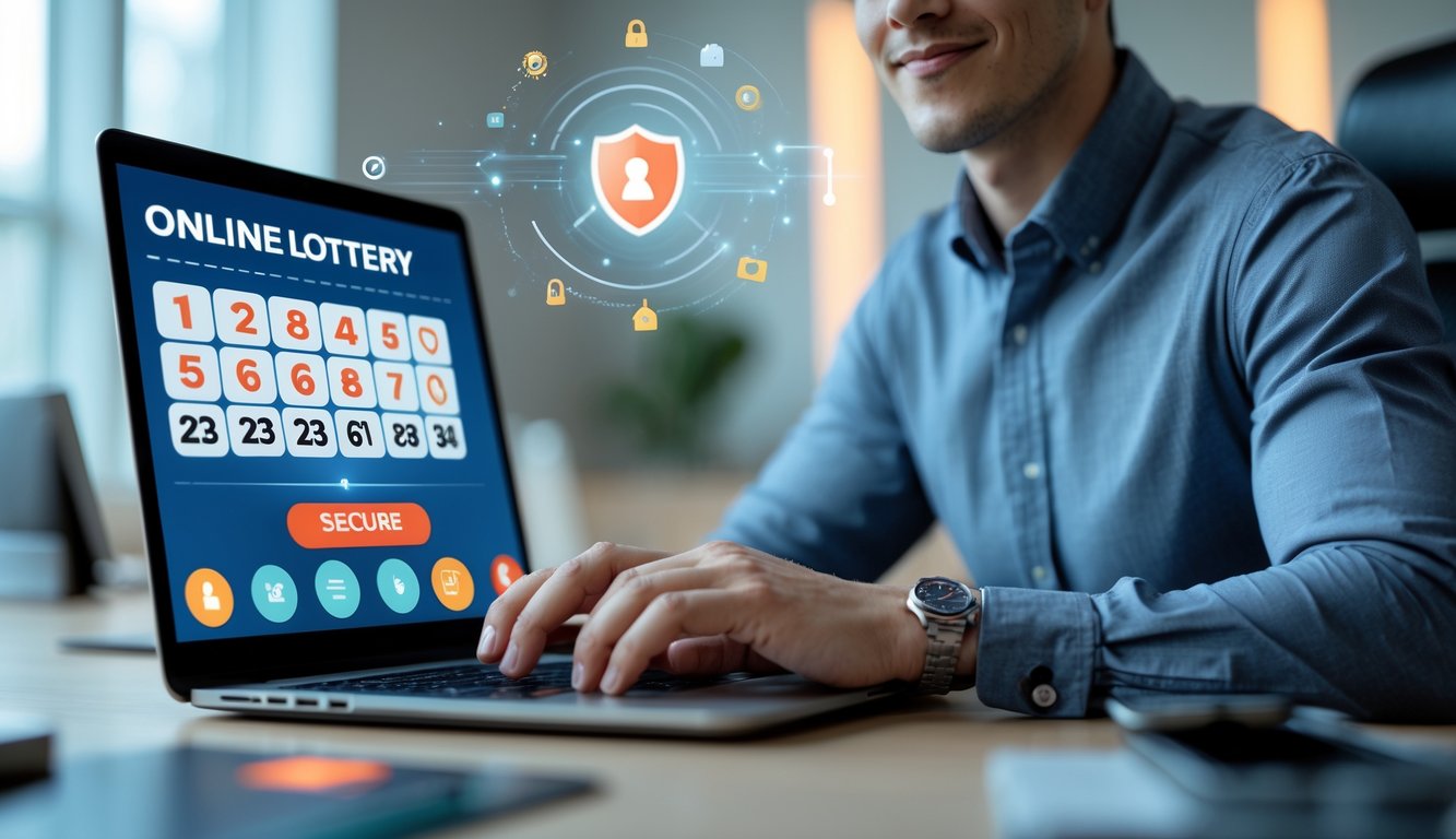 Seseorang menggunakan laptop di ruang kerja yang rapi dengan ikon keamanan digital di layar, menunjukkan suasana aman dan terpercaya untuk bermain togel online.