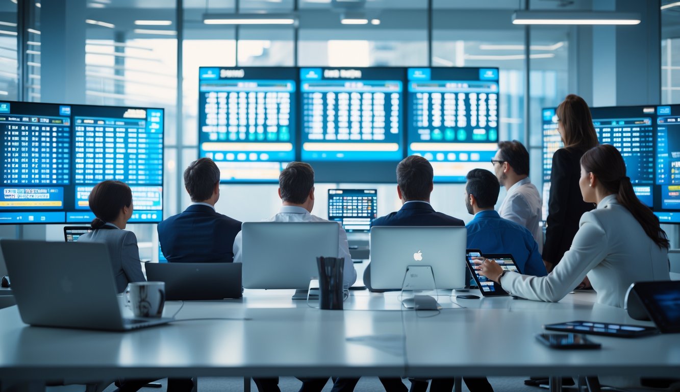 Sekelompok orang di kantor modern sedang melihat layar besar yang menampilkan hasil angka secara langsung.