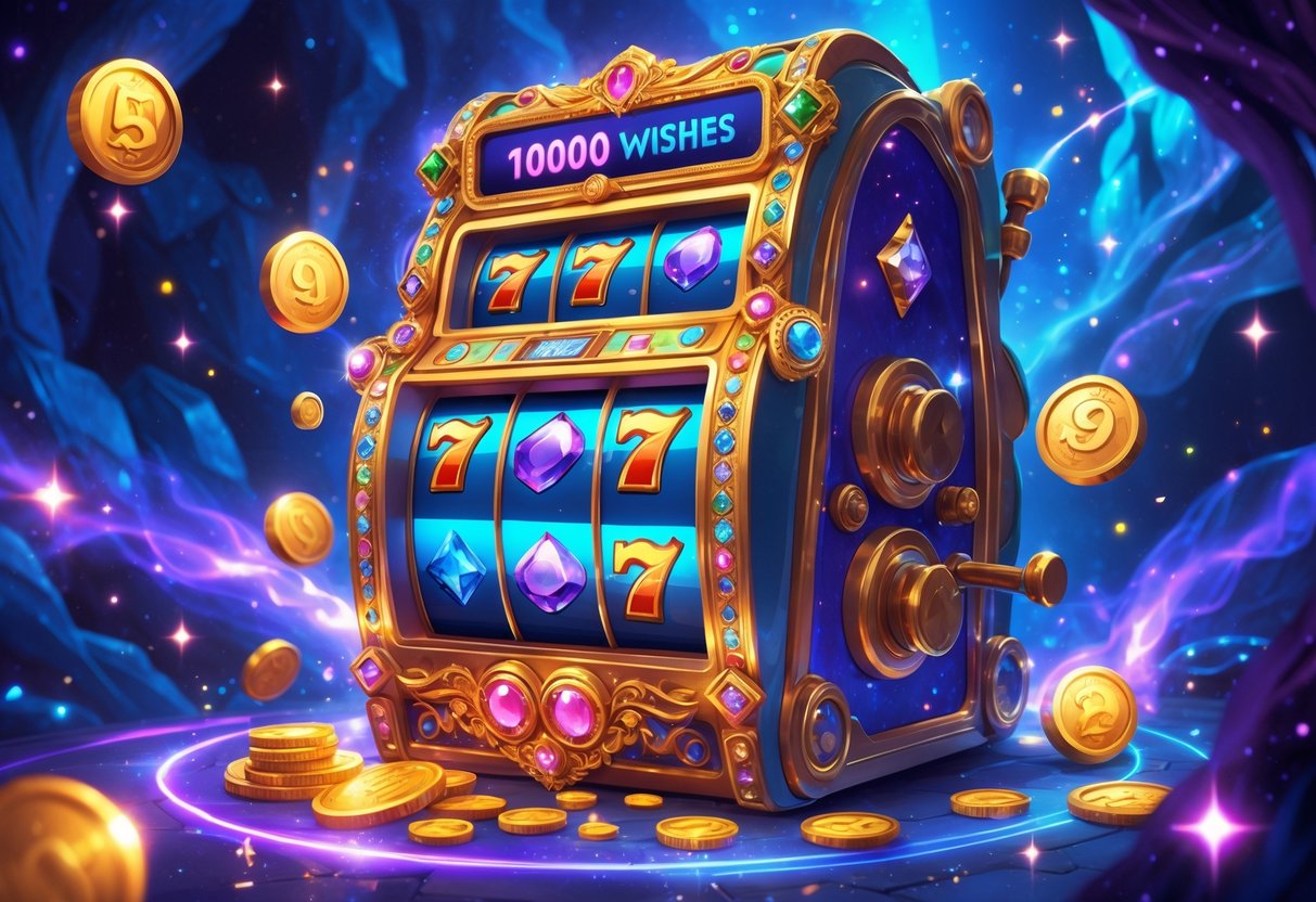 Ilustrasi mesin slot online mewah dengan simbol keberuntungan dan latar belakang magis yang berwarna biru dan ungu.