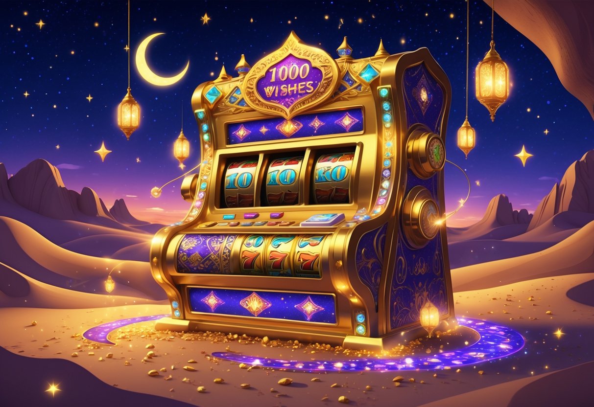 Ilustrasi mesin slot emas dengan motif Timur Tengah, berlian berkilau, dan lentera harapan yang mengambang di latar padang pasir saat senja dengan bulan sabit dan bintang-bintang.