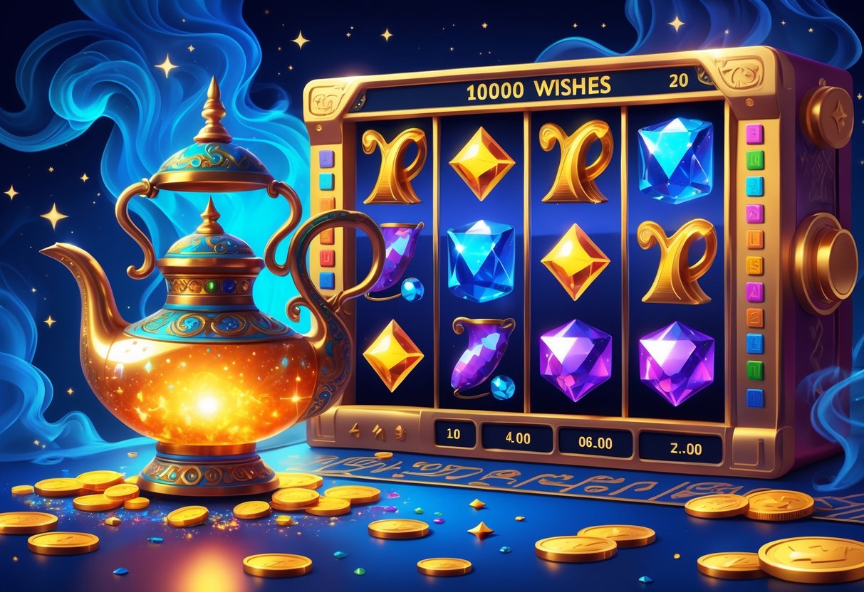 Ilustrasi mesin slot online dengan lampu jin bercahaya, koin emas, dan permata berwarna-warni dalam latar belakang biru gelap dengan pola mistis.