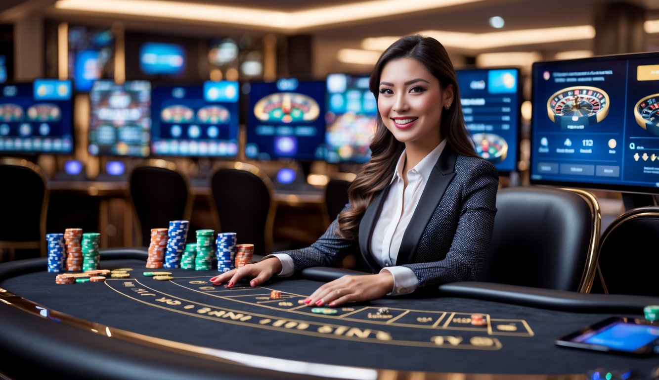 Seorang dealer wanita profesional di meja kasino dengan kartu dan chip, dikelilingi oleh monitor komputer yang menampilkan permainan kasino langsung.