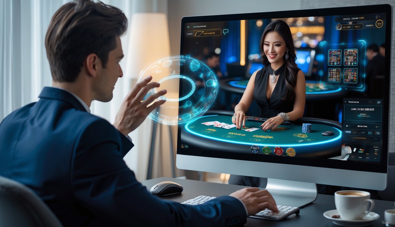 Seorang dewasa muda bermain kasino online langsung di komputer dengan dealer kasino nyata di layar dalam suasana rumah yang nyaman.