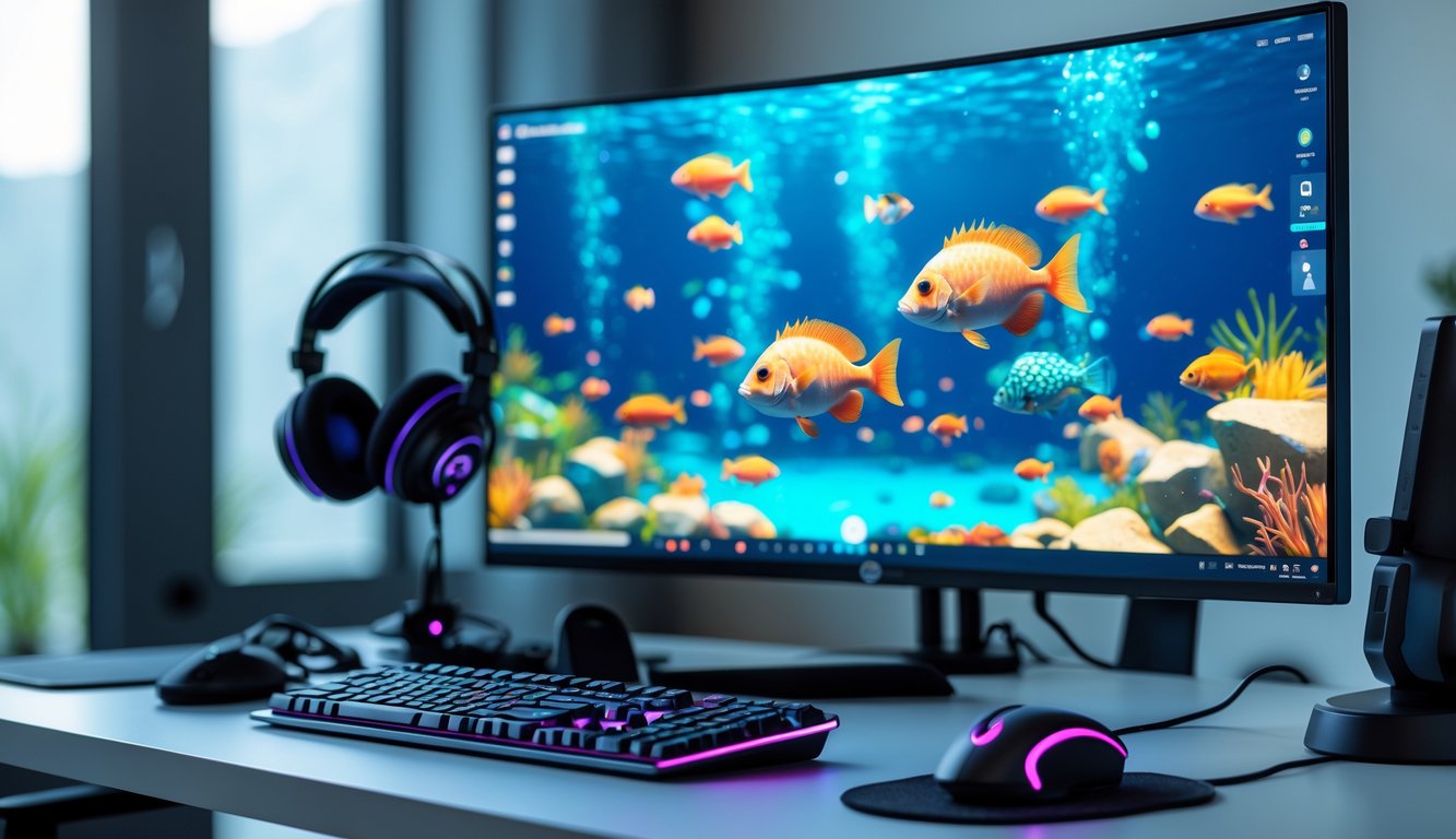 Sebuah meja komputer dengan layar menampilkan permainan tembak ikan online dengan berbagai ikan berwarna-warni di bawah laut.