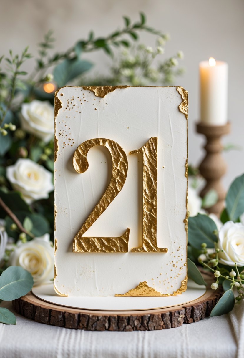A vintage-style gold leaf table number 21 displayed on a textured card surrounded by wedding decorations including greenery and white flowers.