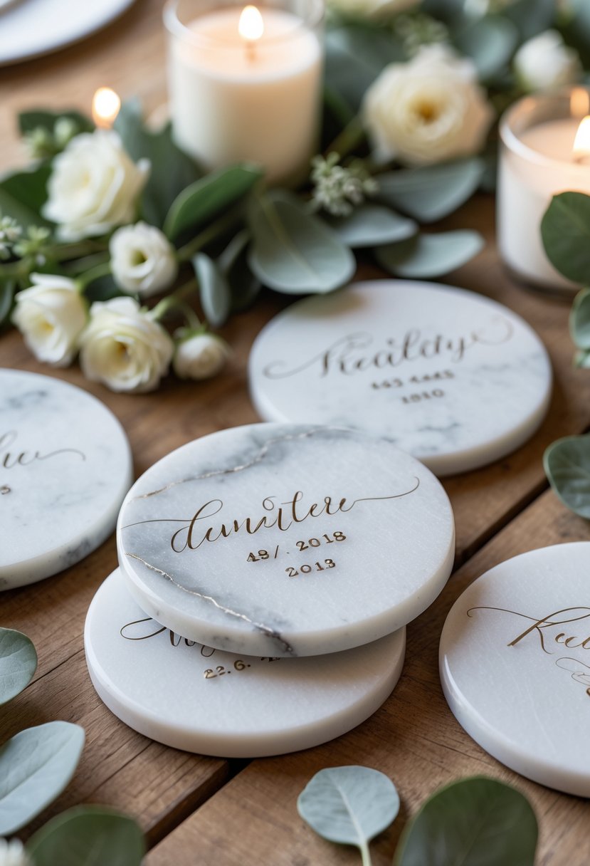 A set of personalized marble wedding coasters arranged on a wooden table surrounded by flowers and greenery.