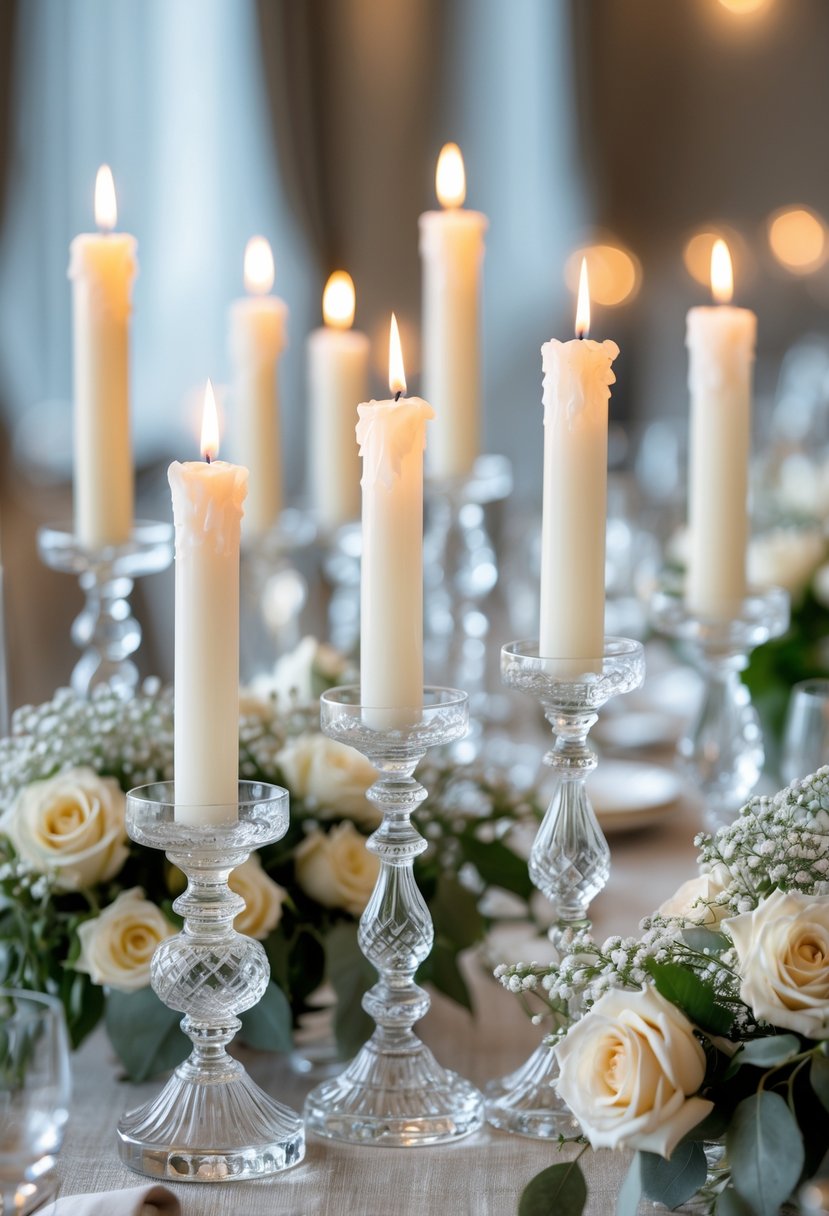 A table with elegant crystal candle holders holding lit white candles surrounded by white flowers and greenery.