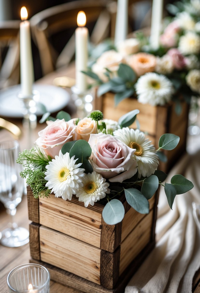 Wooden flower boxes filled with fresh flowers arranged on a table with candles.
