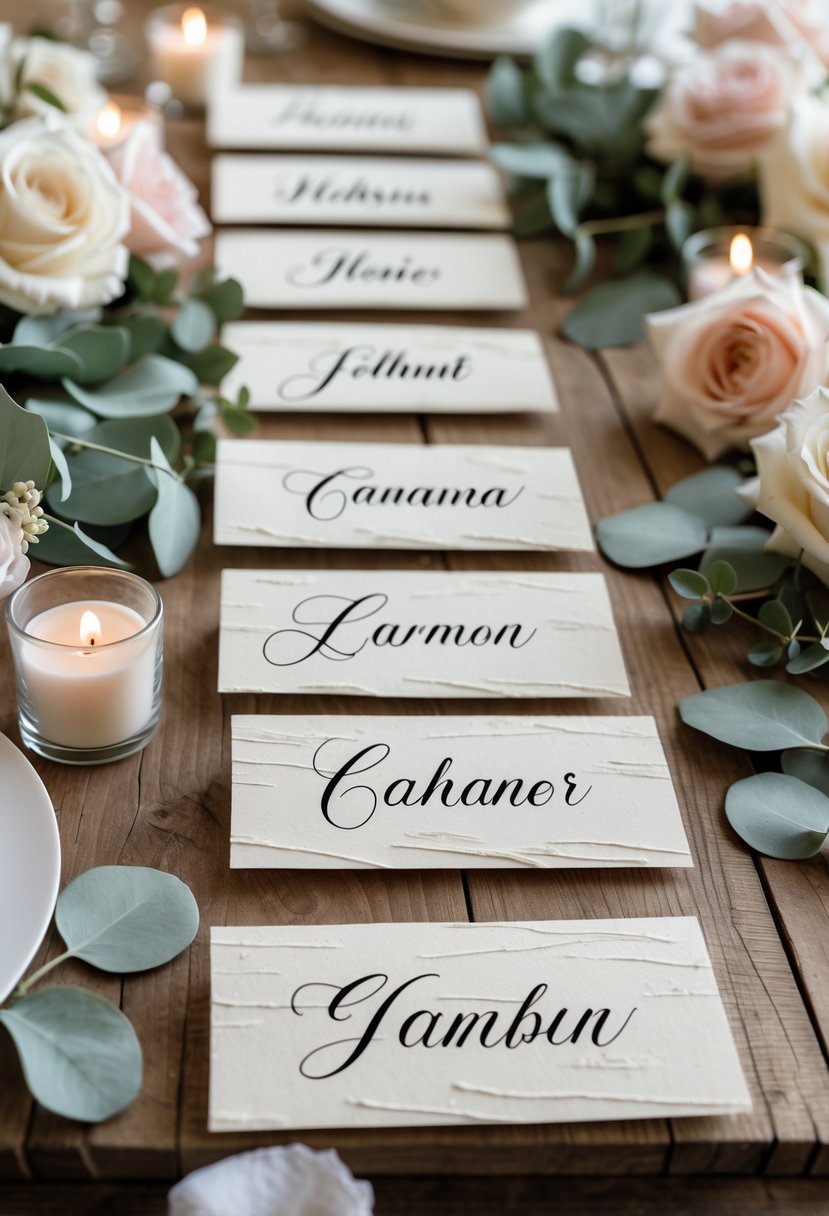 A wedding table with elegant calligraphy escort cards surrounded by flowers and candles.