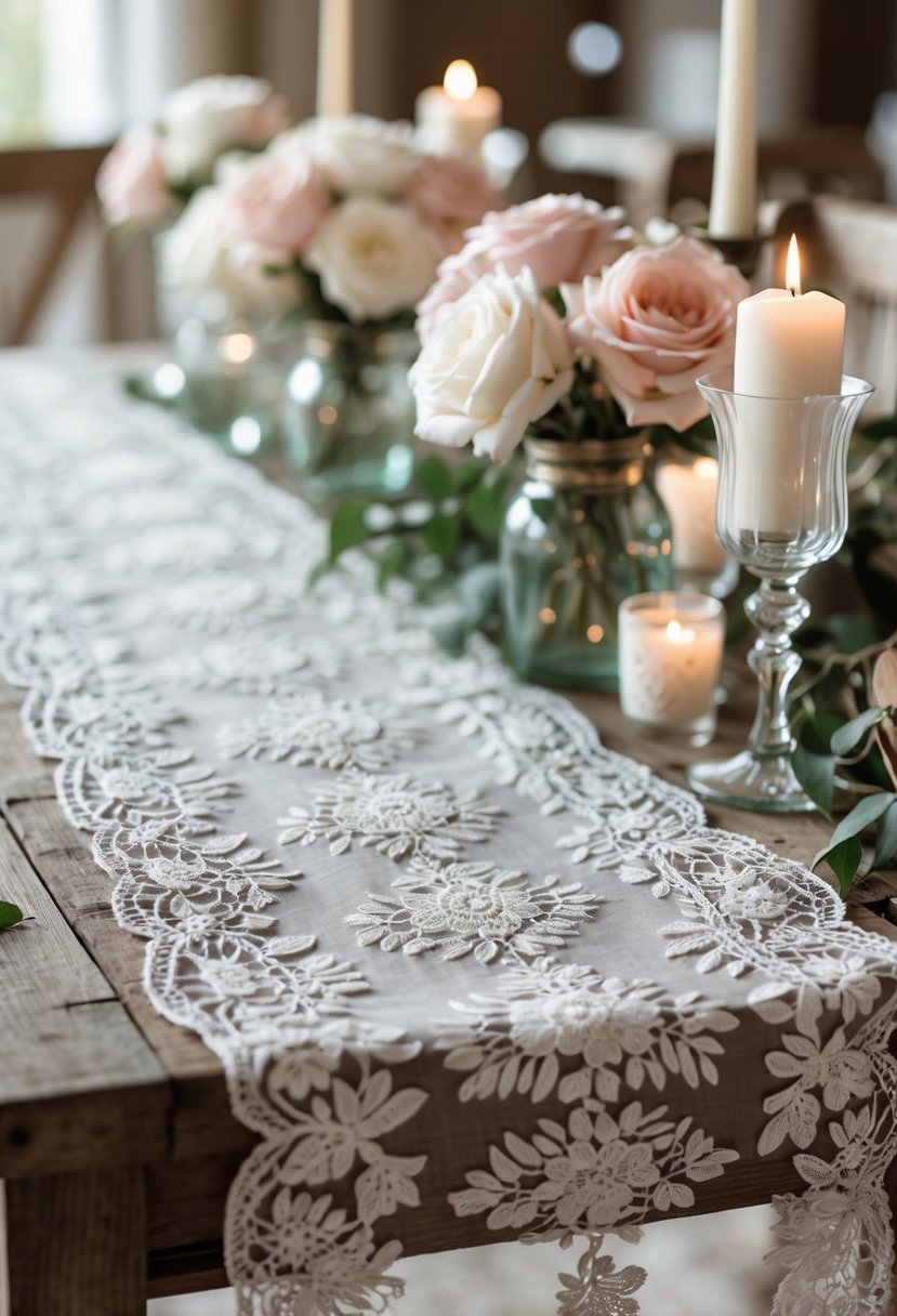 A wooden table with a lace-embroidered table runner decorated with flowers, candles, and greenery for a wedding.