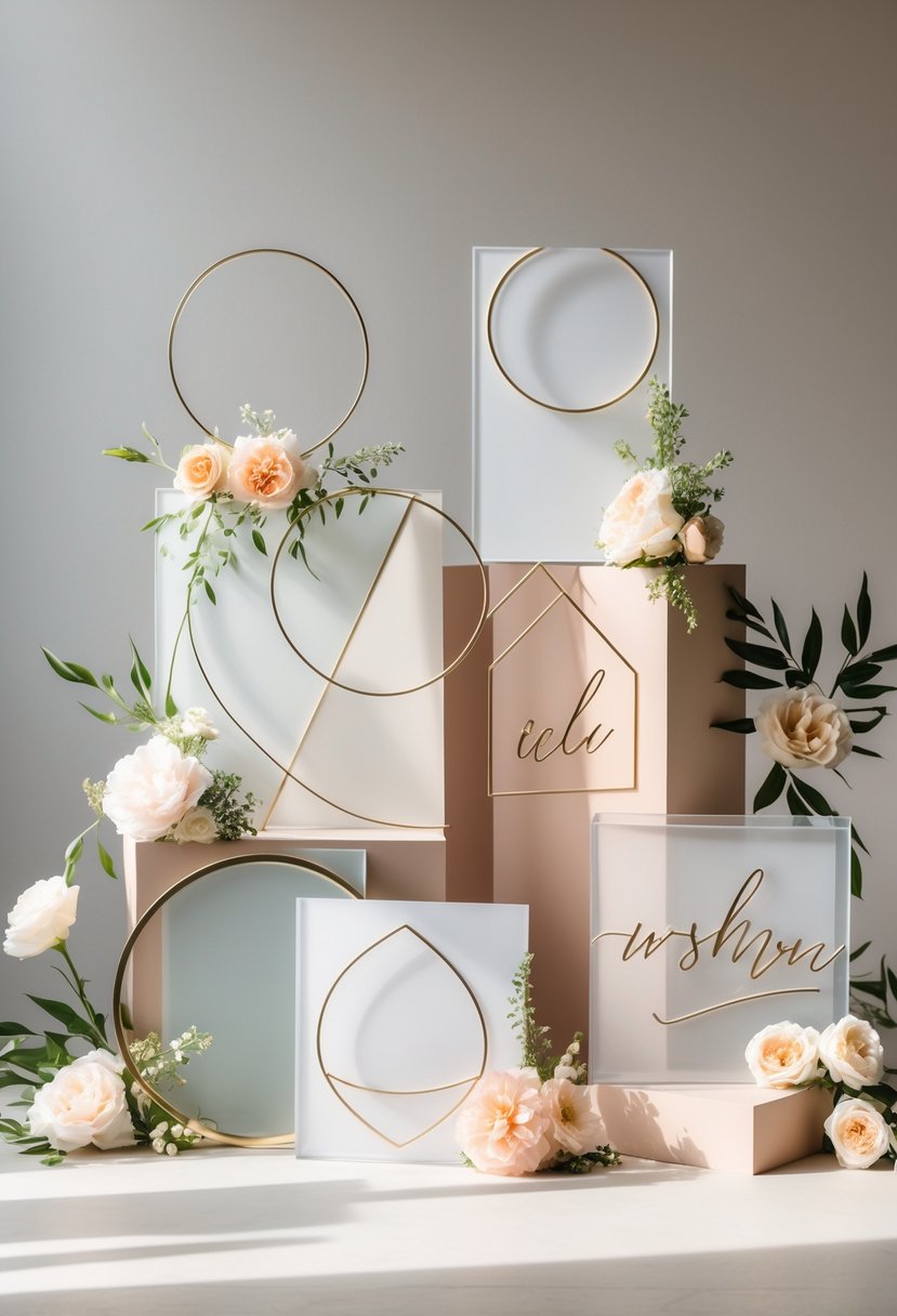 A collection of clear geometric acrylic wedding signs arranged with floral accents on a neutral surface.