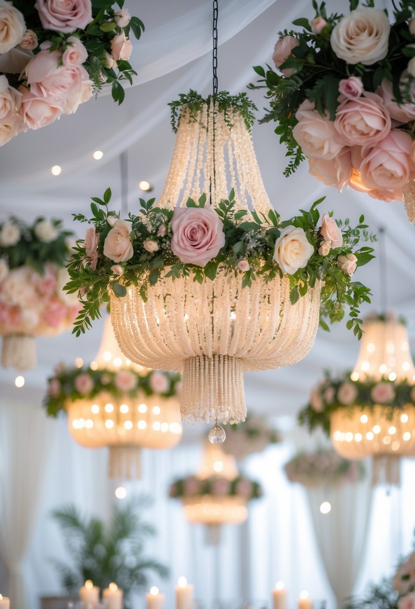 Silk floral chandeliers hanging in a wedding venue decorated with pastel flowers and greenery.