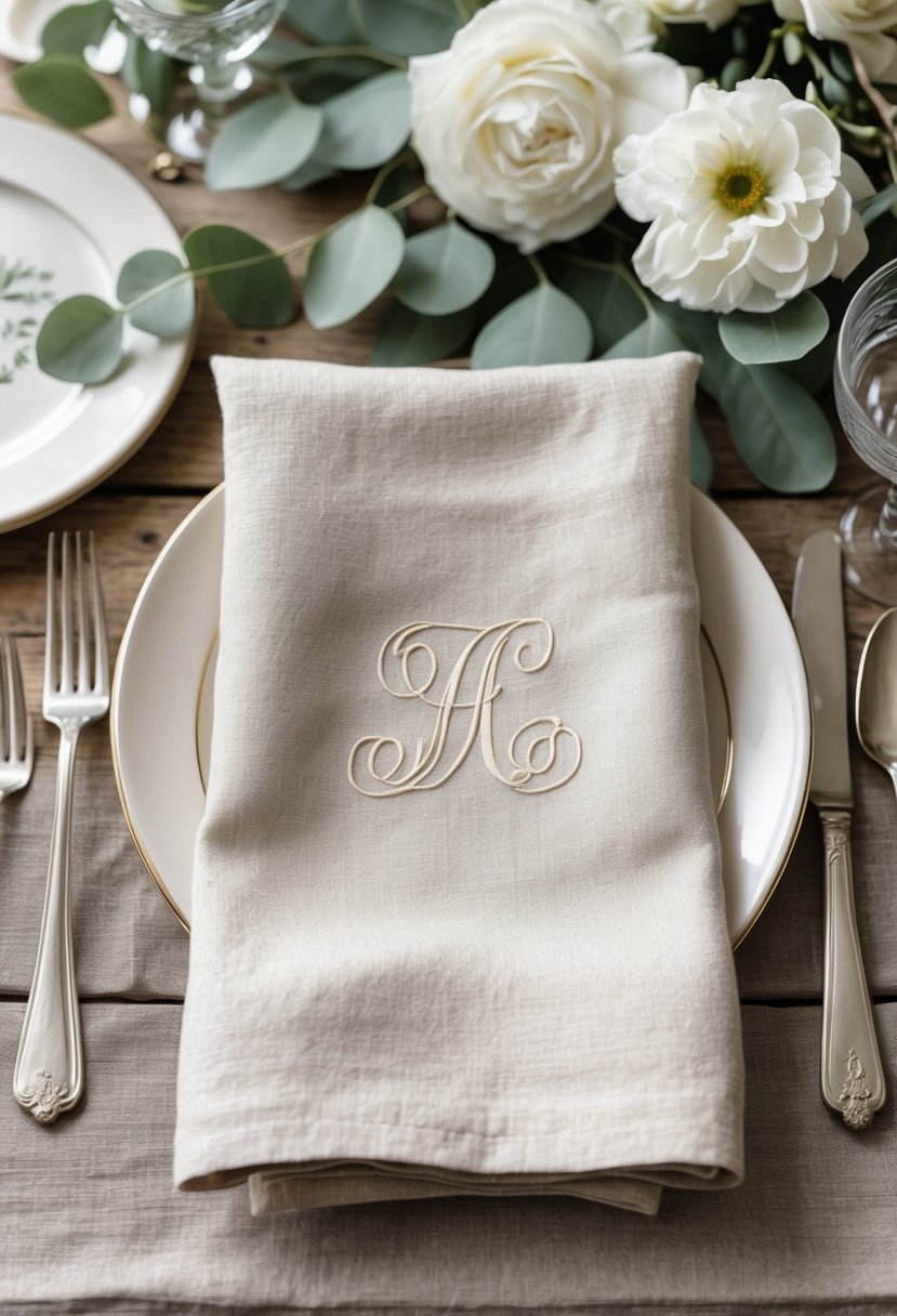 A set of monogrammed linen napkins arranged on a wooden table with wedding decor including flowers, leaves, and silverware.