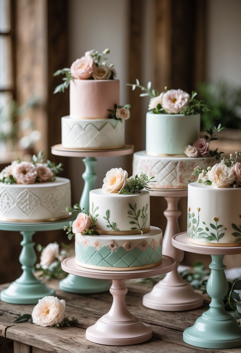 A collection of hand-painted ceramic cake stands displaying decorated wedding cakes on a wooden table with soft natural lighting.