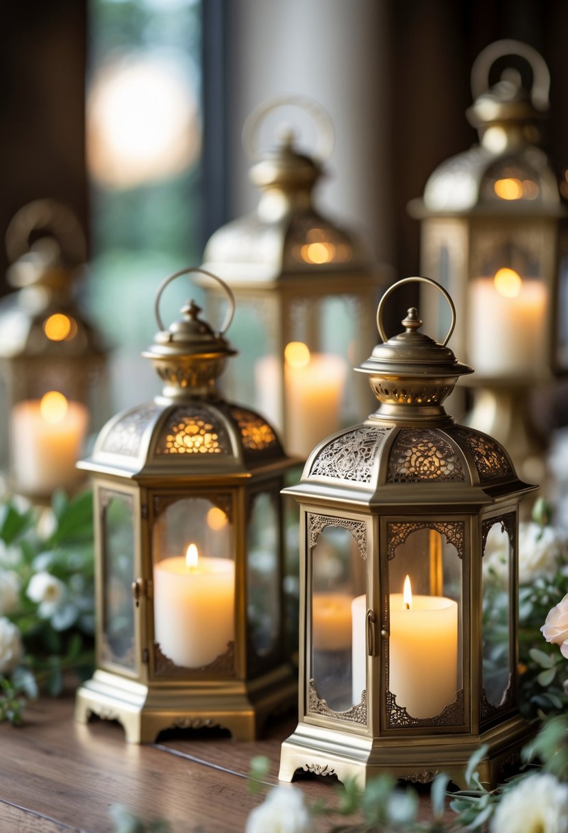 A group of antique brass table lanterns glowing with candlelight on a wooden table surrounded by flowers and greenery.
