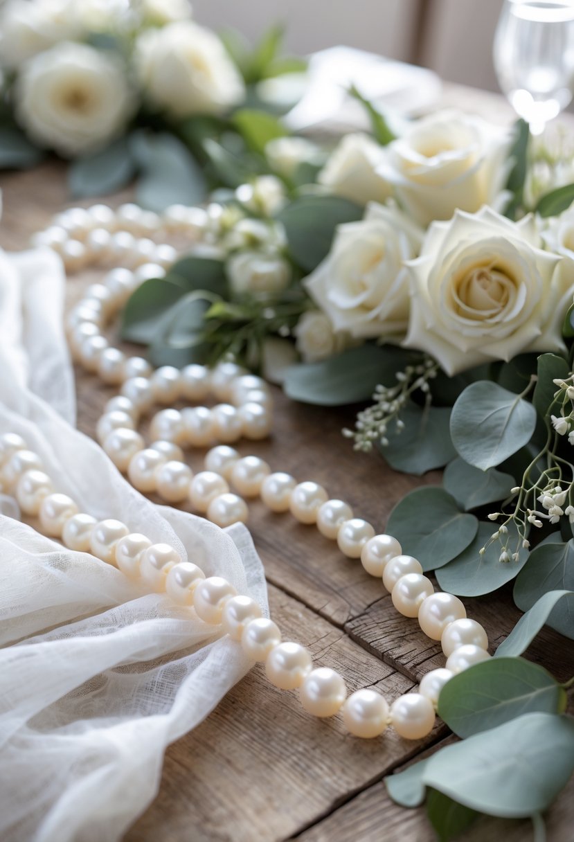 A delicate pearl garland draped over a table with white roses and greenery in a wedding setting.