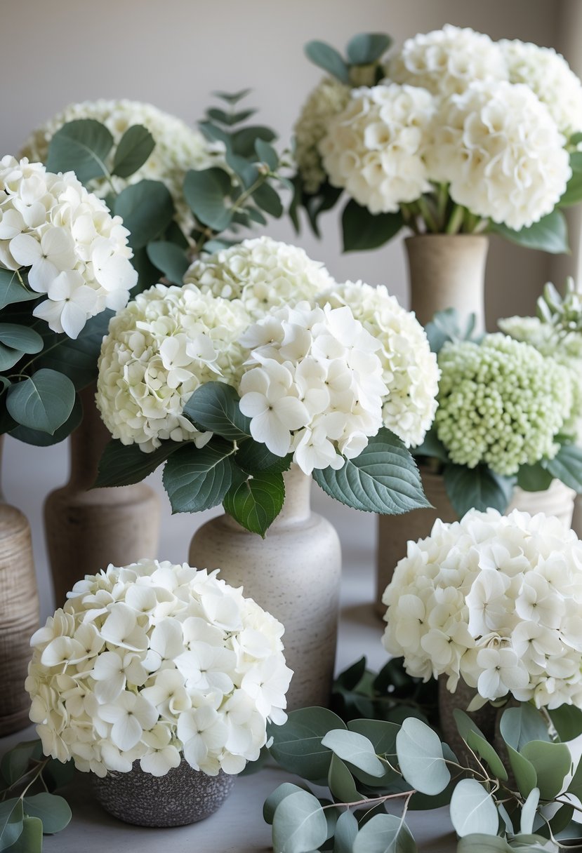 White hydrangea and eucalyptus bouquets arranged in vases on a softly lit surface.