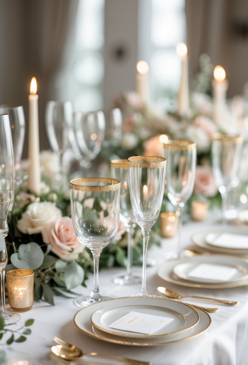 A wedding table set with gold-rimmed glasses, white linens, flowers, and candles.