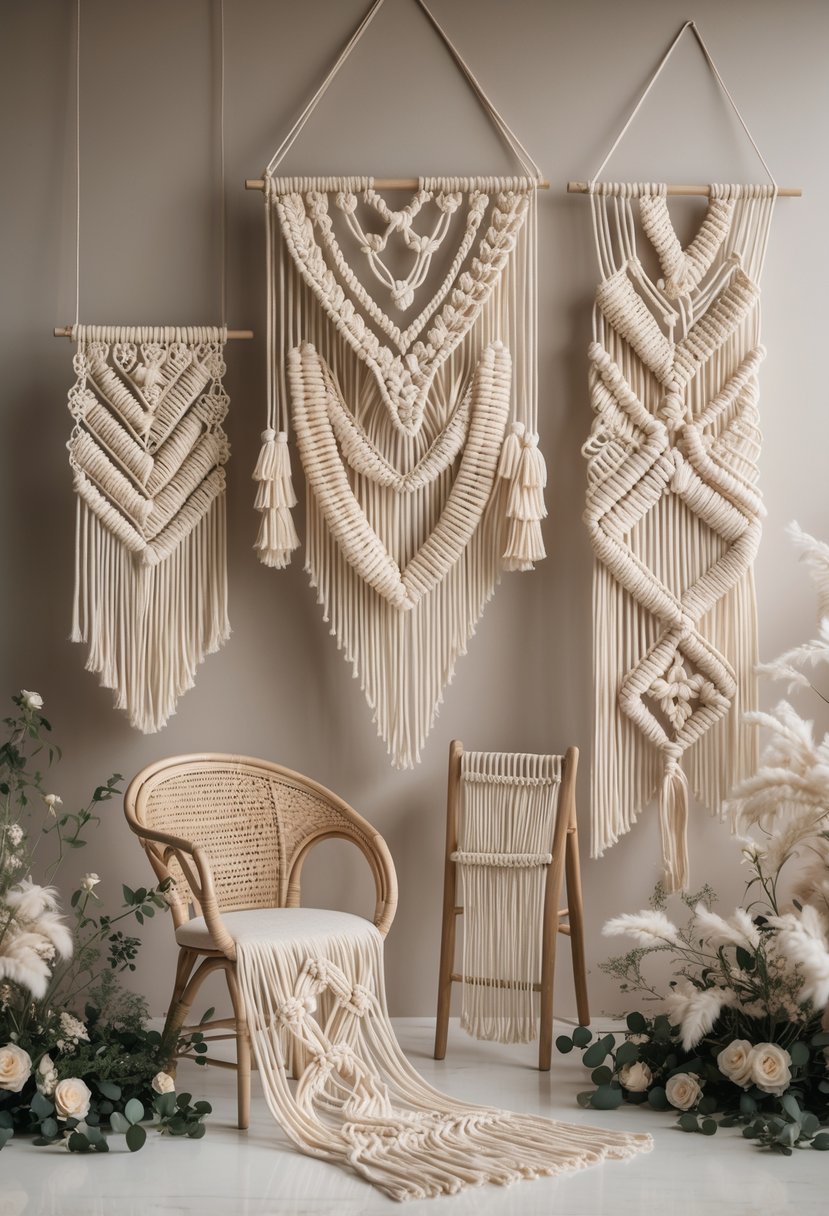 A collection of hand-woven macrame backdrops displayed with floral accents in a calm, neutral setting.