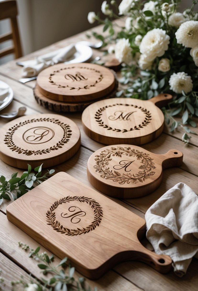 A collection of engraved wooden cutting boards displayed on a wooden table with flowers and greenery around them.