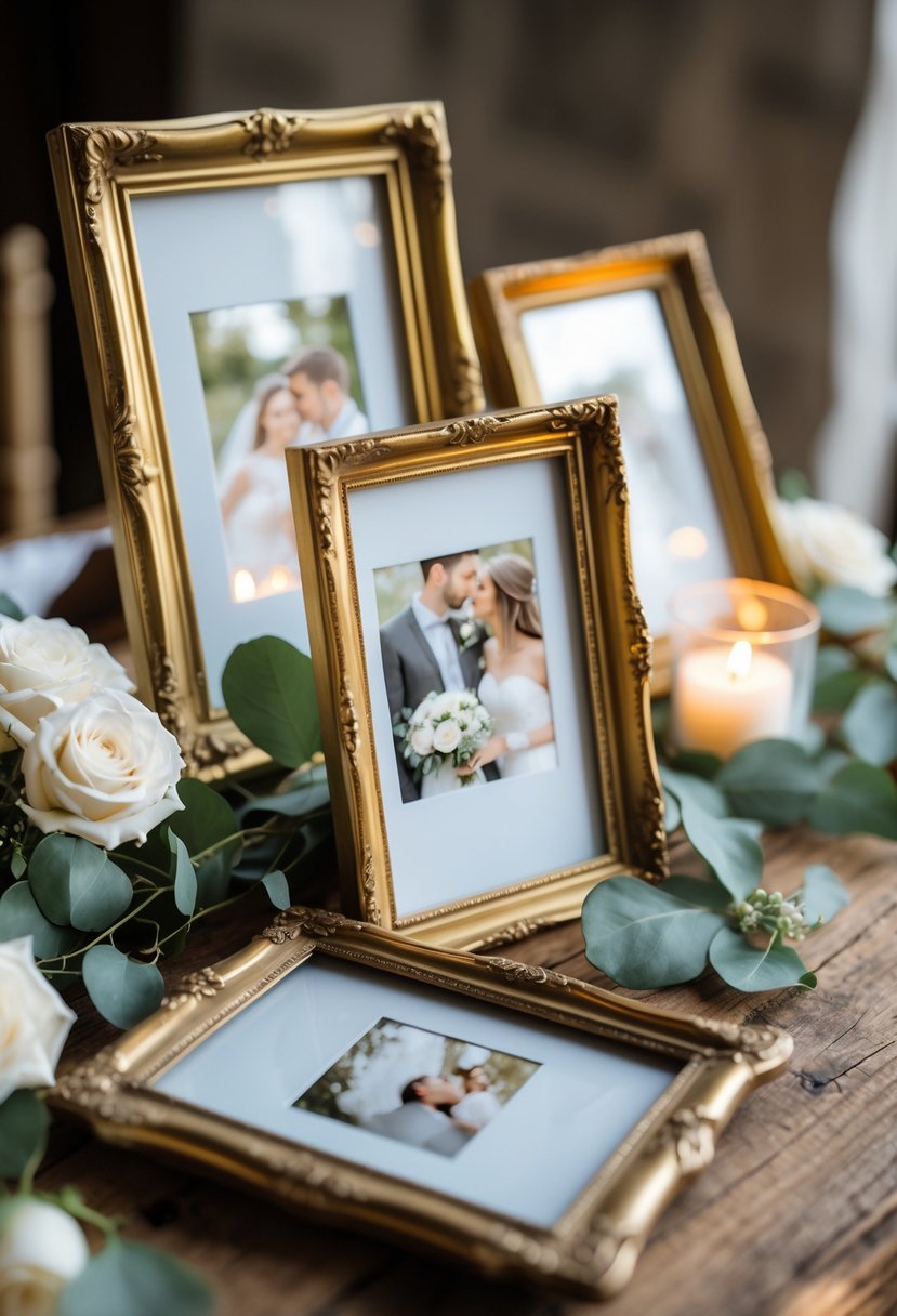 A collection of vintage brass photo frames displayed on a wooden table with wedding decor including flowers and candles.