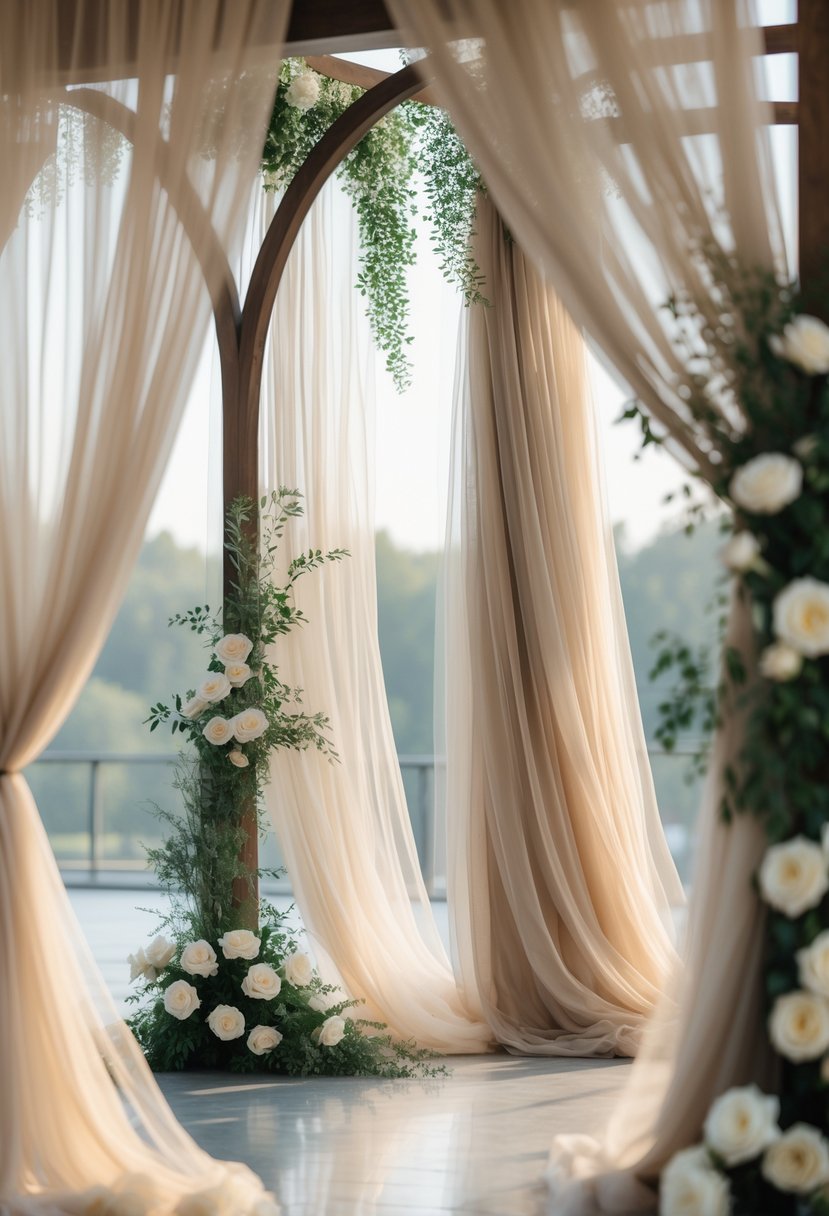 Soft neutral-colored tulle fabric draped elegantly around a wedding arch with greenery and white flowers.