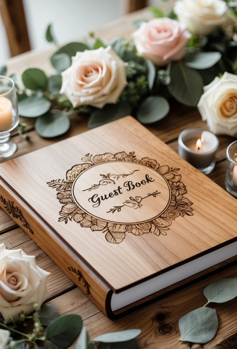 Engraved wooden guest book on a wooden table surrounded by flowers and candles.