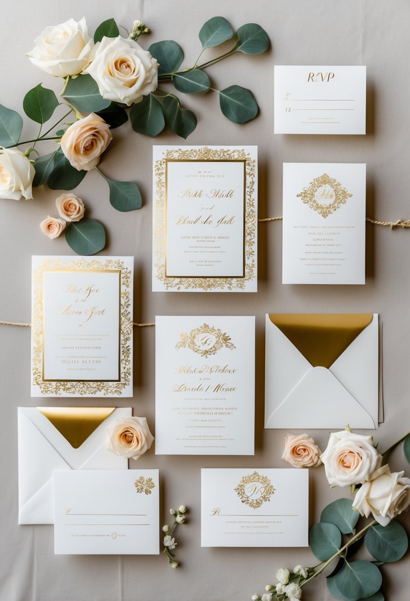 A collection of gold foil wedding invitations and matching cards arranged with flowers and leaves on a soft surface.