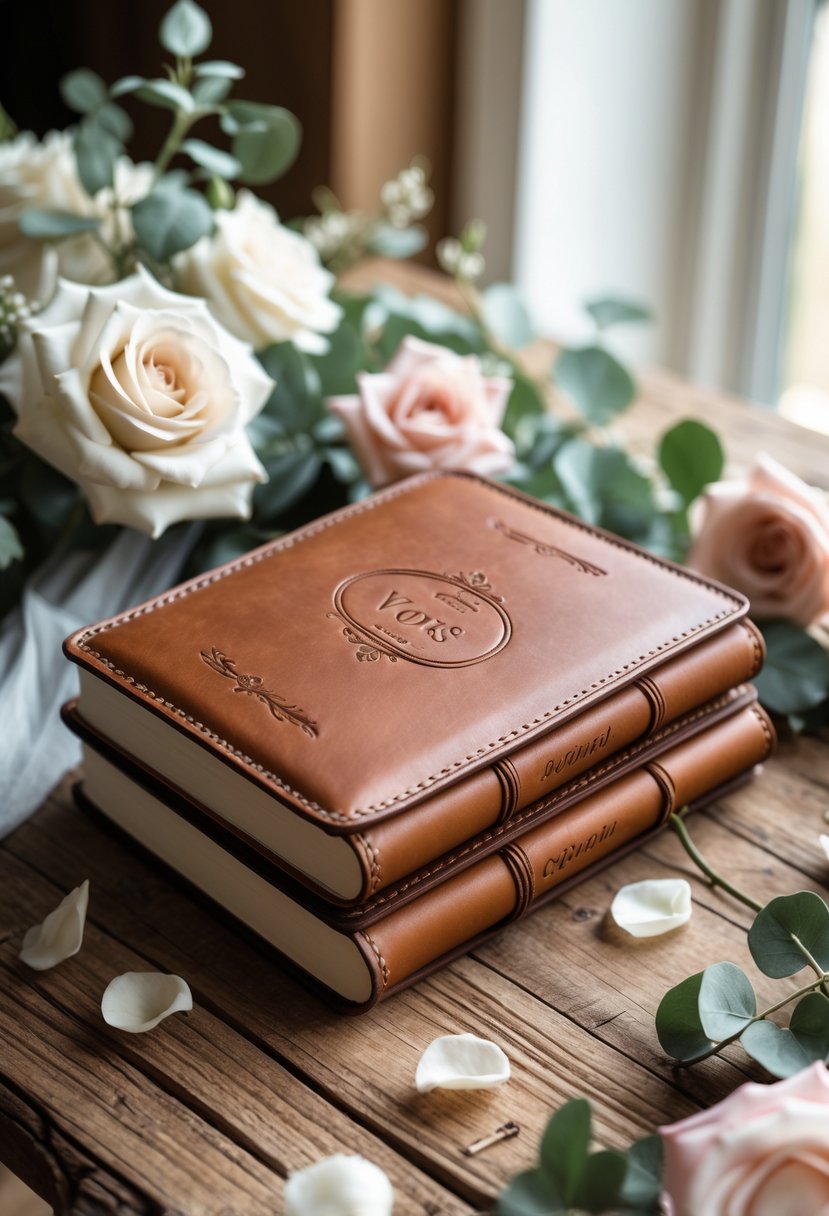 A set of personalized leather vow books on a wooden table surrounded by wedding flowers and greenery.