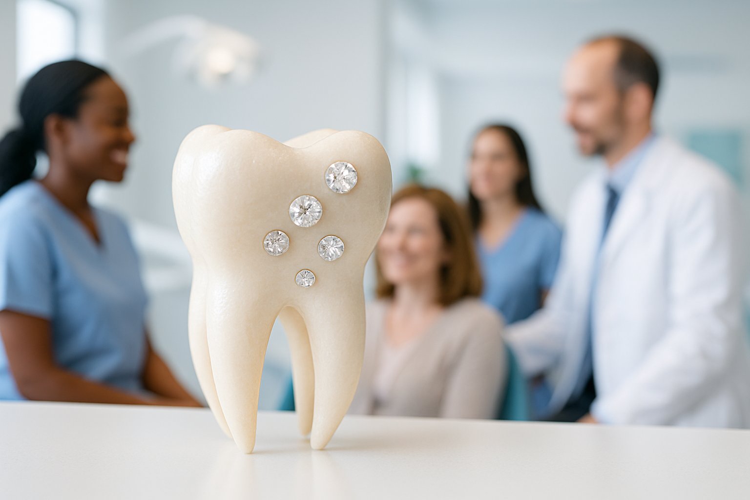 Close-up of a molar tooth with small gems on its surface in a modern dental clinic with diverse dental professionals and patients in the background.