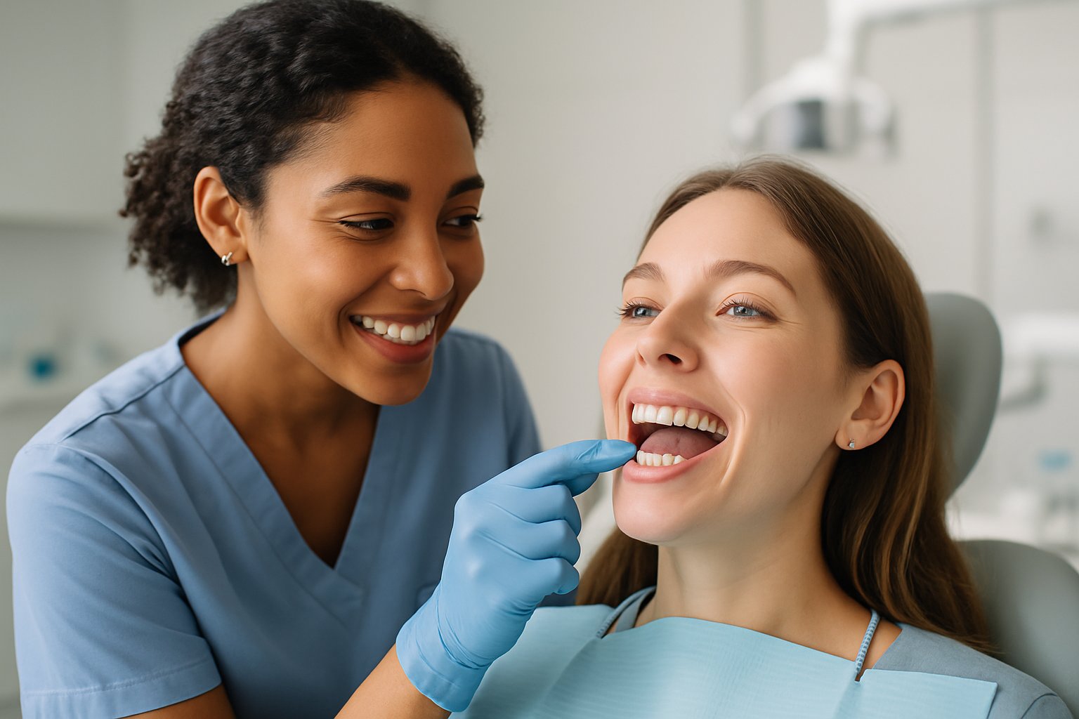 A dental provider examines a patient's molar teeth with small dental gems in a modern clinic.