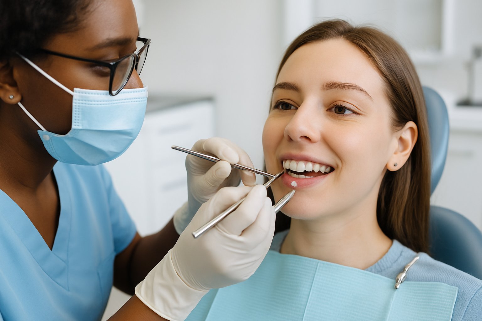A dental professional applying a small gem to a patient's molar tooth in a modern dental clinic.