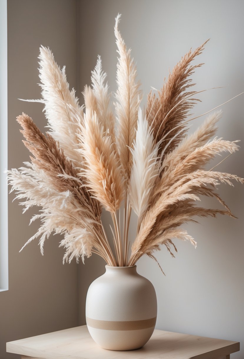 A bouquet of sun-dried pampas grass in a vase on a wooden surface with a neutral background.