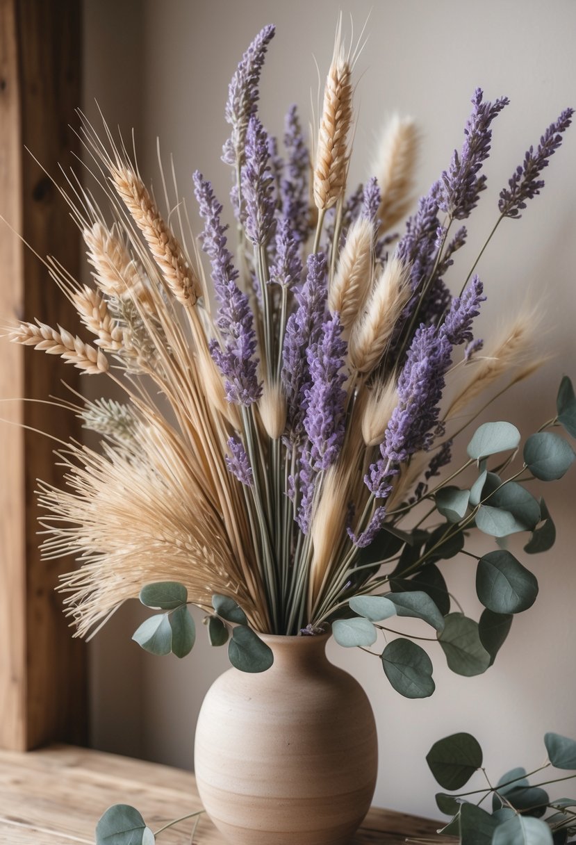 A dried lavender floral arrangement with other dried plants in a vase on a wooden surface.