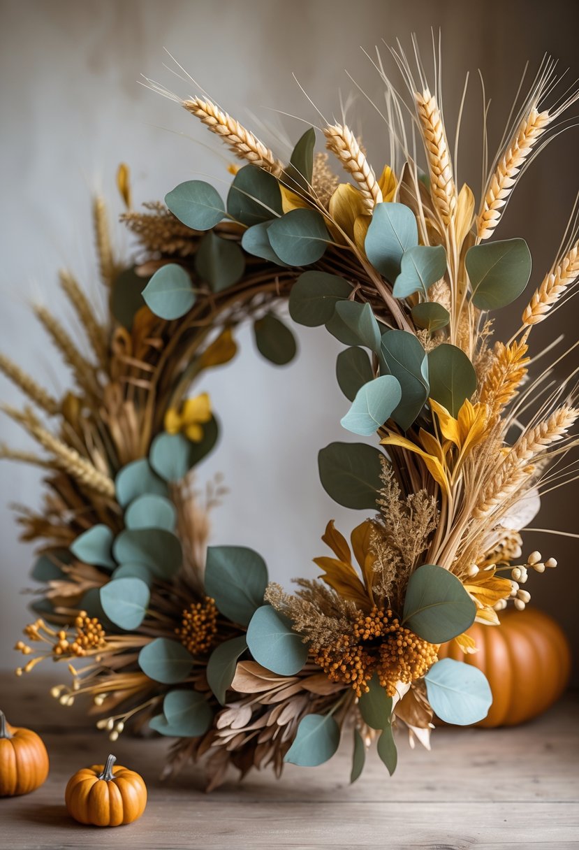 A circular fall wreath made of dried eucalyptus leaves and wheat stalks hanging against a blurred neutral background.