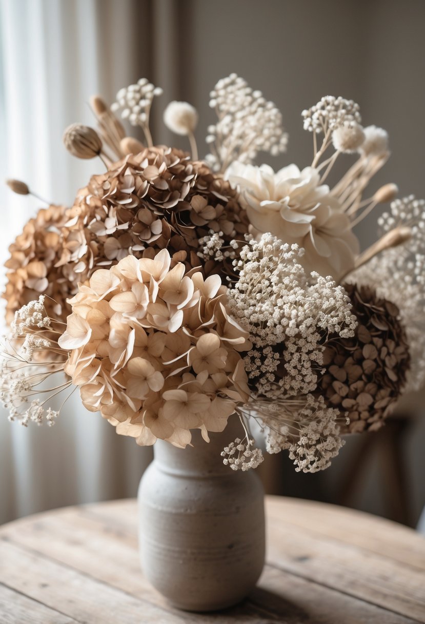 A dried floral centerpiece with hydrangea and baby's breath in a vase on a wooden table.