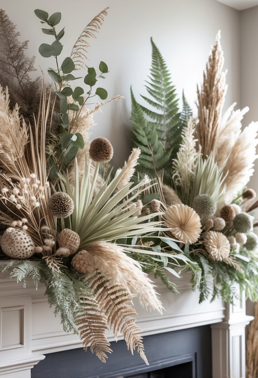 A mantel decorated with 15 dried floral arrangements featuring preserved Ruscus leaves and fern fronds in natural earthy tones.