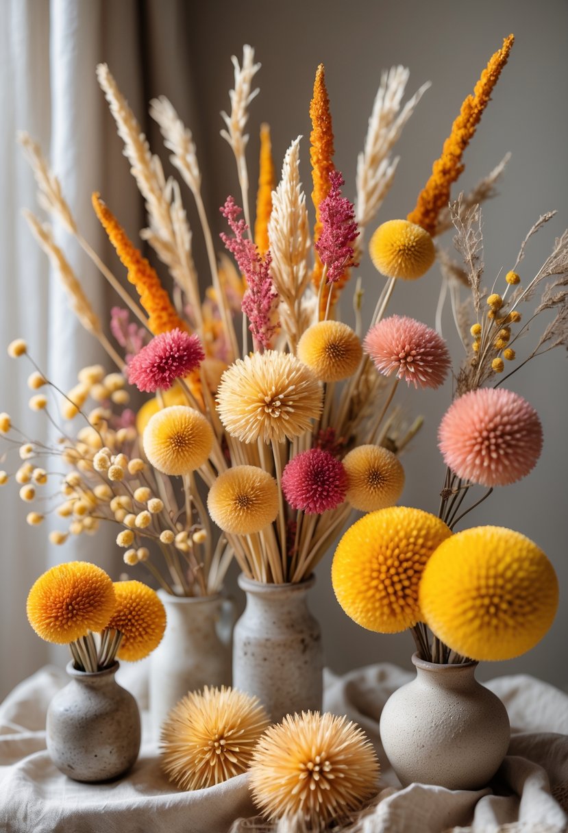 A collection of dried strawflower and craspedia floral arrangements displayed on a neutral surface with warm lighting.