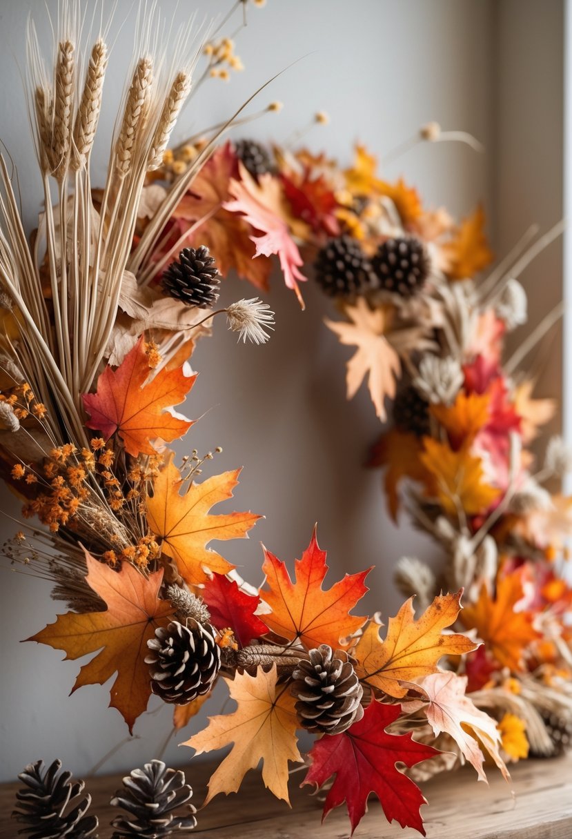 A dried maple leaf garland with autumn colors and dried floral accents arranged on a neutral background.