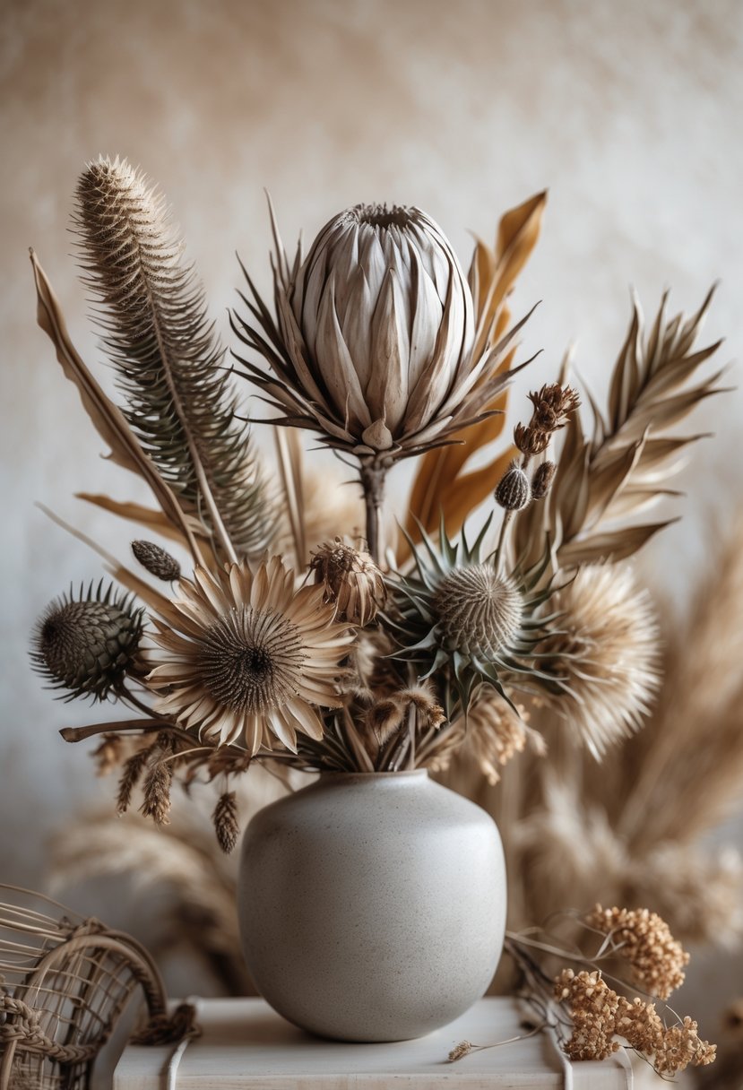 A dried floral arrangement featuring a large Protea flower and spiky thistle blooms in a vase on a neutral background.