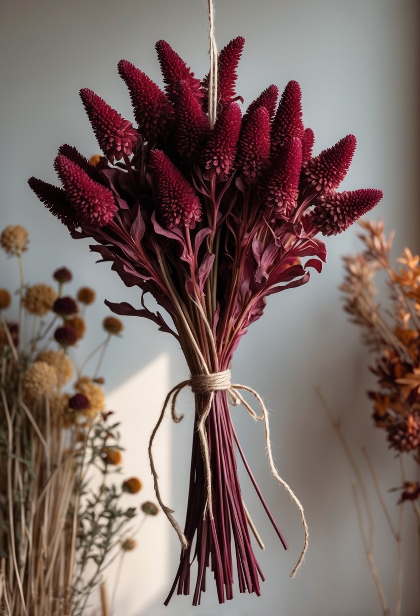 A bundle of dried amaranth flowers hanging with other dried floral arrangements in the background.