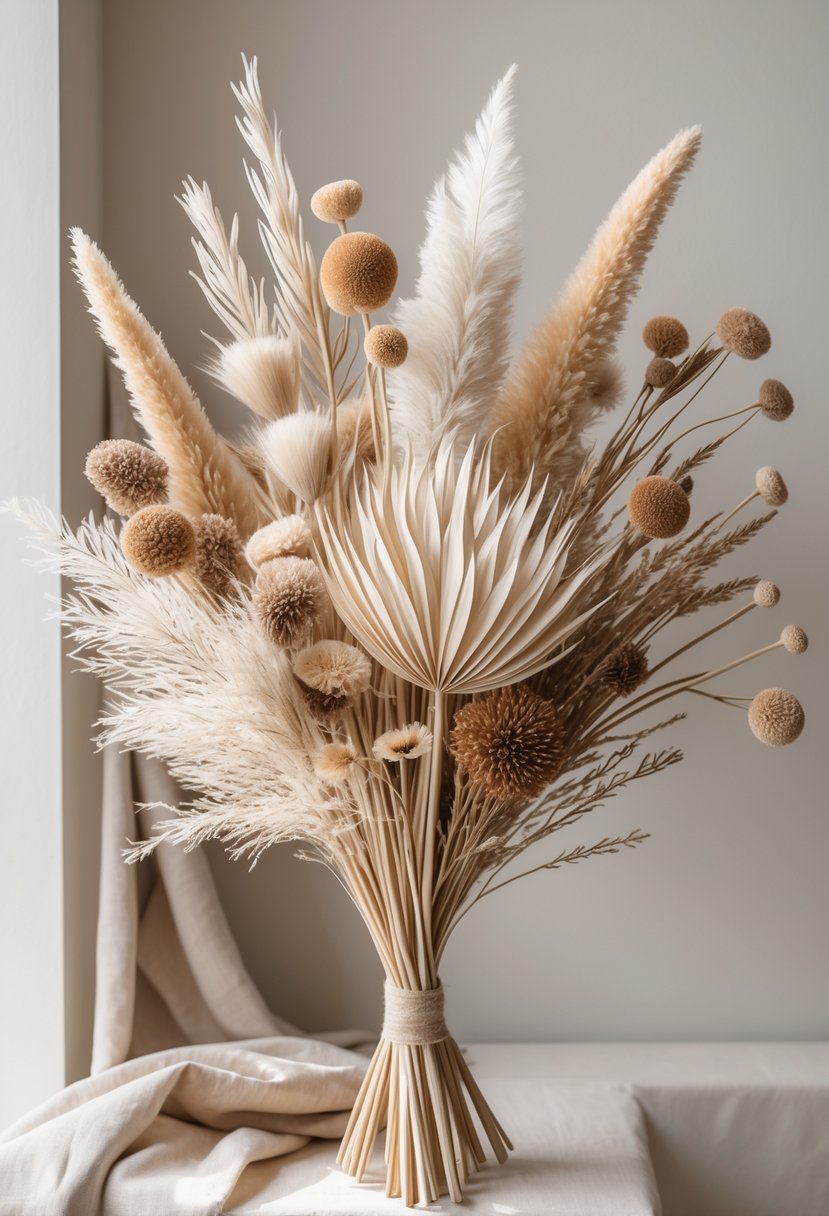 A neutral-toned bouquet of dried Lagurus flowers and other dried plants arranged on a light background.
