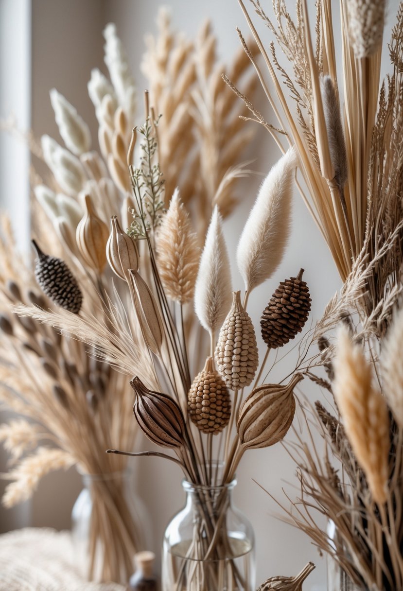 A collection of fifteen dried floral arrangements featuring various seed pods and grasses displayed on a neutral background.